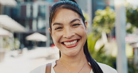 Poster - Businesswoman, city and face with happy by buildings in morning, pride and travel to workplace in accounting career. Young person, portrait and professional with confidence and working in town in cbd