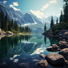 Wall Mural - Serene mountain lake with reflections.