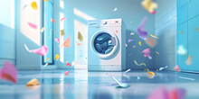 Washing Machine In A Clean Room With Hud And Flying Clothes Design As Wide Banner With Copy Space Area