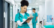 © HockleyMedia/peopleimages.com - Doctor, holding and writing on clipboard in hospital for patient, care or treatment after exam in emergency room. Woman, nurse and medicine after consulting for health, wellness or surgery in space