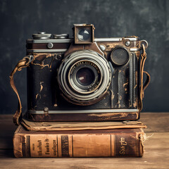 Sticker - Vintage film camera on a weathered book.