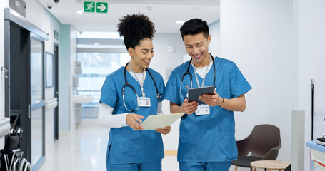 Poster - Hospital, nurse and people with tablet in discussion with analysis of results and health report in clinic. Healthcare, teamwork and medical students with tech for diagnosis, research or collaboration