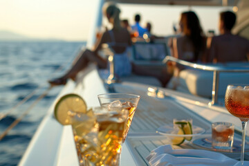 close view of a Group of friends relaxing on luxury yacht and drinking cocktails at exclusive boat party