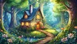 fairy tale princess wallpaper cozy little house in a magical woods on the pages of a fairy tale book