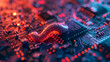 Close up view of a worm crawling on a computer electronic circuit board. Cyber attack, spyware, malware concept.