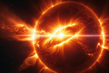 Poster - A fantasy dynamic and fiery solar flare bursts with intense energy, radiating heat and light against the dark backdrop of space