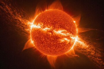 Poster - A fantasy dynamic and fiery solar flare bursts with intense energy, radiating heat and light against the dark backdrop of space