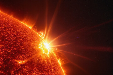 Poster - A fantasy dynamic and fiery solar flare bursts with intense energy, radiating heat and light against the dark backdrop of space