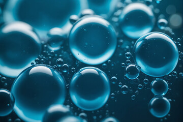 Aufkleber - A macro shot of translucent blue bubbles representing a concept of cells or molecules in a liquid medium
