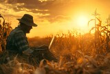 Fototapeta Most - Farmers Embrace Modern Technology While Admiring Picturesque Sunset Over Cornfield