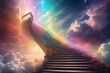 A mystical depiction of a celestial staircase ascending towards a radiant, divine light amidst ethereal clouds and a spectrum of cosmic colors