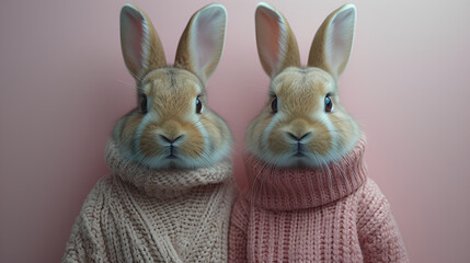 Cute Easter bunnies in cozy sweaters on a light background.