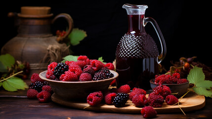 Wall Mural - loganberry juice in a transparent pitcher deep red loganberry