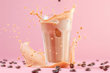 Wall Mural - Iced latte coffee glass with splash on a pink background with elements of coffee beans
