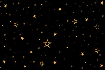 Poster - Golden Glowing stars collection pattern design with black backdrop for overlay, stars texture wallpaper