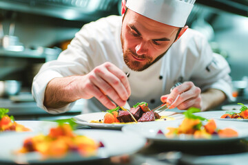 Chef Garnishing Plates with Precision in Kitchen.