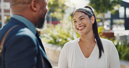 Canvas Print - Business people, laughing and discussion outdoor in city with morning commute, partnership and travel. Employees, man and woman with conversation, collaboration and happy for networking in urban town