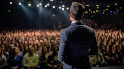 Motivational speaker standing on stage in front of audience in conference in business event