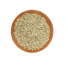 Wall Mural - flat lay overhead dry fennel seed sounf isolated on white background in wood bowl