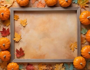 Aufkleber - autumn Halloween postcard with a wooden frame lined with orange pumpkins and maple leaves on a vintage pastel background with free space for text insertion
