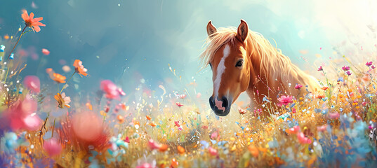 Wall Mural - banner of horse on the bright flower background, spring time, blue sky