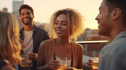 Wall Mural - A Group of Young People Enjoy a Relaxing Rooftop Party at Sunset