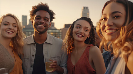 Wall Mural - A Group of Young People Enjoy a Relaxing Rooftop Party at Sunset