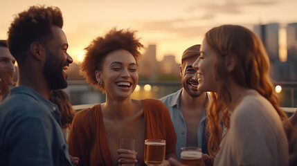 Wall Mural - A Group of Young People Enjoy a Relaxing Rooftop Party at Sunset