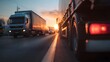 Trucks on the road at sunset. Transport and logistics concept