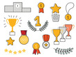 Awards, trophy cups, first place medals and podium winners set. Gold medal and champion trophy cup. Hand drawn award decorative icons. Vector illustrations.