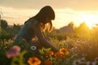 © Anastasiia - Woman In Garden Planting Flowers At Sunrise, Creating Colorful Oasis