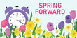 © SaturnO_27 - Daylight saving time concept. Border of flowers of tulips and narcissus, daffodils. Changing the time on the clock to summertime