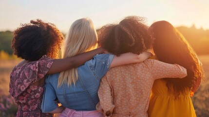 Rear view of four women with arms around each other in support of International Women's Day