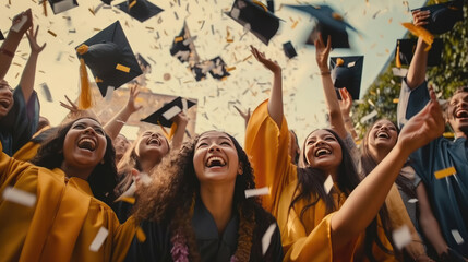 Wall Mural - Group of happy students throwing graduation caps into the air celebrating graduation