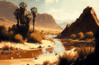 Desert oasis with hills and valleys landscape painting.
