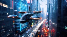 Sci-Fi Drone Fleet in Urban Sky: A squadron of high-tech drones with glowing elements, soaring above urban traffic in a twilight city.