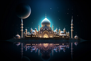 Wall Mural - Muslim mosque glows in the dark against the background of the planets