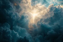 Dramatic Sky With Sun Rays Piercing Through Clouds. Ethereal And Inspiring Natural Scene. Perfect For Background Use. AI
