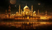 Banner In Warm Golden Tones With A Mosque At Night On The Background Of The Sky With Stars