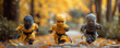 3 cute ninja kids running into the frame, action and autumn leaves