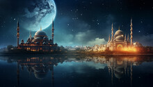 A Fantastic Landscape Of A Mosque On The Coast And A Fabulous Sky With Planets And Stars