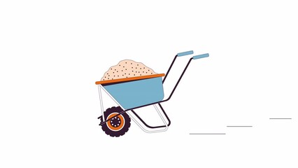 Poster - Riding wheel barrow trolley with sand line 2D object animation. Construction wheelbarrow. Equipment building flat color cartoon 4K video, alpha channel. Concrete cart animated item on white background