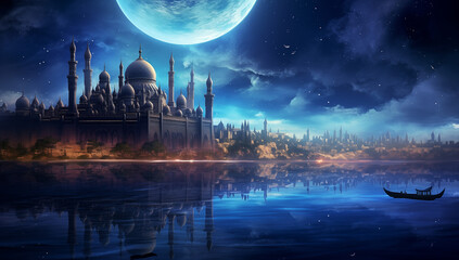 Wall Mural - beautiful ramadan banner with a mosque on the coast in the background of the sky with the moon