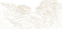 Japanese Background With Hand Drawn Wave Elements Vector. Gold Line Pattern With Ocean Object In Vintage Style