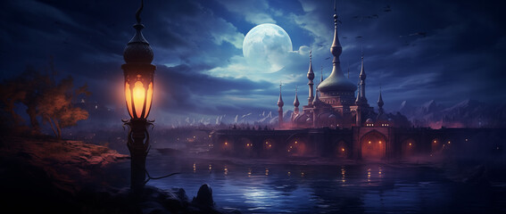 Wall Mural - magical landscape with a mosque at dusk on the background of the sky with the moon