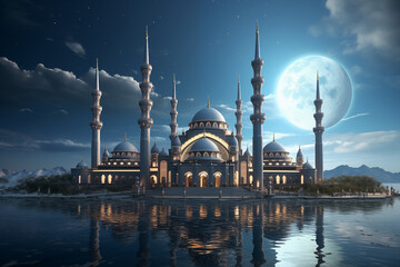 Wall Mural - Luxury mosque on the seashore at night with the moon in the sky, Ramadan landscape