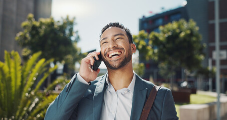 Poster - Phone call, smile and businessman commuting in city to work with communication for legal deal. Happy, talking and professional male attorney on mobile conversation for law case walking in urban town.