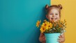 Kid girl with down syndrome holding blue and yellow flowers, colors symbol of World Down Syndrome Day. Autism, disability, solidarity, awareness, campaign. Children disability