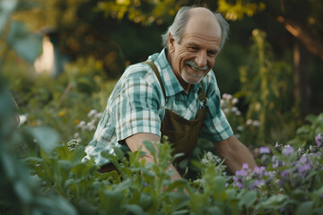 Wall Mural - Happy Elderly man gardening and Cultivating plants in beds 