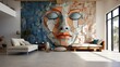 modern living room, 3D maternal face art adorned with earthy, minimalist furniture and décor, wall art